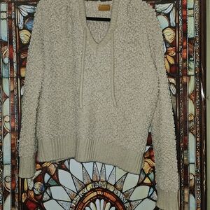 POL Cozy V-Neck Hoodie Sweater in Light Cream